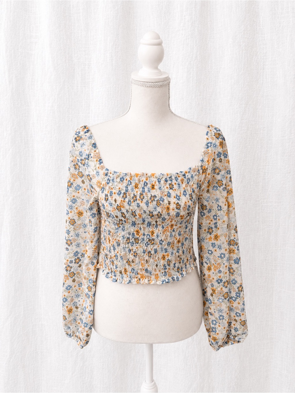 Love Tree Cream Floral Smocked Square-Neck Blouse with Blue & Mustard Flowers